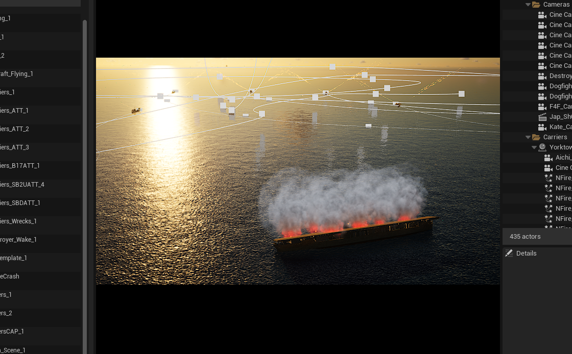 Unreal Engine cinematic view over the ocean with aircraft and carrier paths