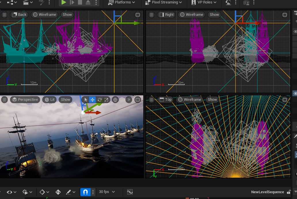 Unreal Engine editor with multiple viewports and ship assets